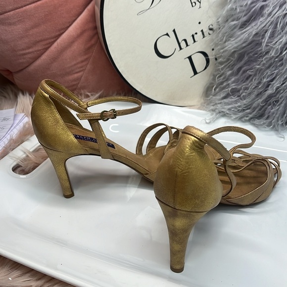 RALPH LAUREN PURPLE LABEL GOLD LEATHER HEELS - Picture 9 of 10